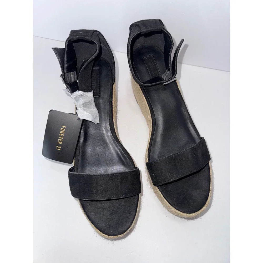 Women 9 Espadrilles Blk Wedges Sandals Chunky Resort Boho Raffia Festival Y2K‎